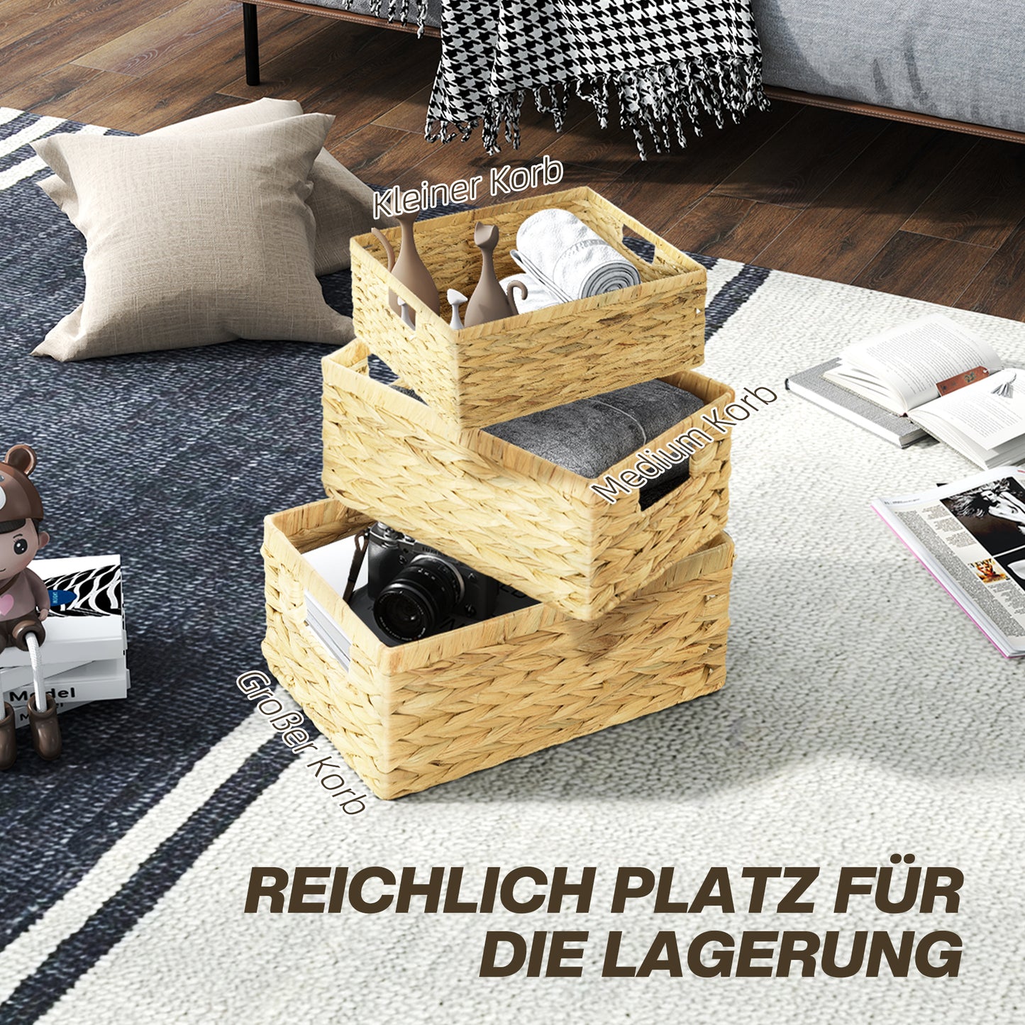 HOMCOM 3er-Set Aufbewahrungskörbe mit Griffen und Metallgestell, für Regale, Schlafzimmer Wohnzimmer, Badezimmer, Naturton