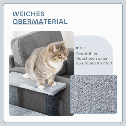 PawHut Katzentreppe 4-stufige Haustiertreppe mit Kratzsäulen Ball Hundetreppe Tiertreppe für Katzen bis 5 kg Plüsch Jute Grau 60 x 40 x 64 cm