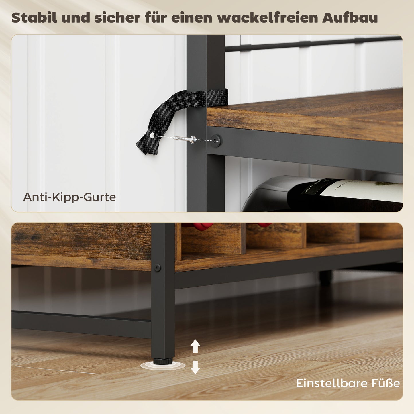 HOMCOM Küchenregal mit Arbeitsfläche, Metallgitterpaneele, 5 Haken, Küchenschrank für Gewürze, Töpfe, Pfannen, Braun