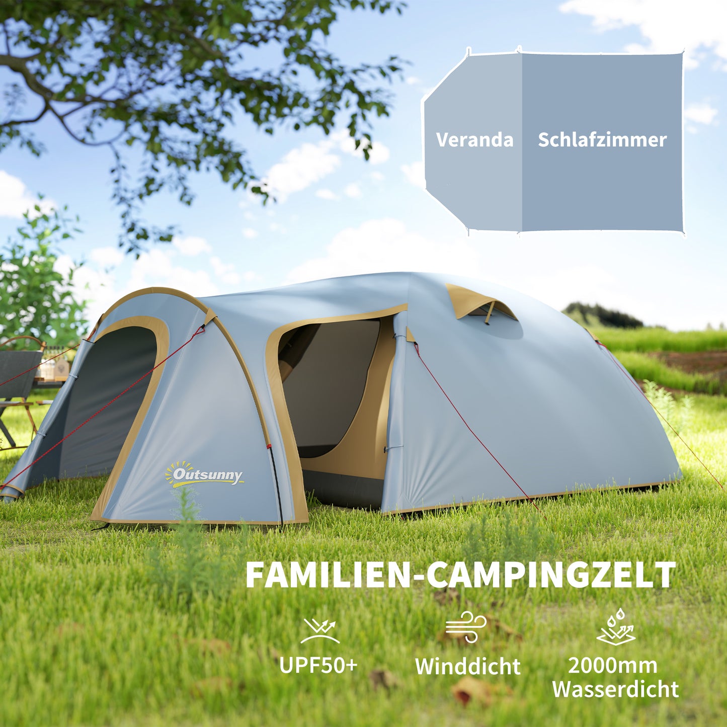 Outsunny Campingzelt für 4 Personen, wasserdicht Tunnelzelt mit 2 Türen Haken Packtasche 3,45 x 2,4 x 1,3 m Hellblau