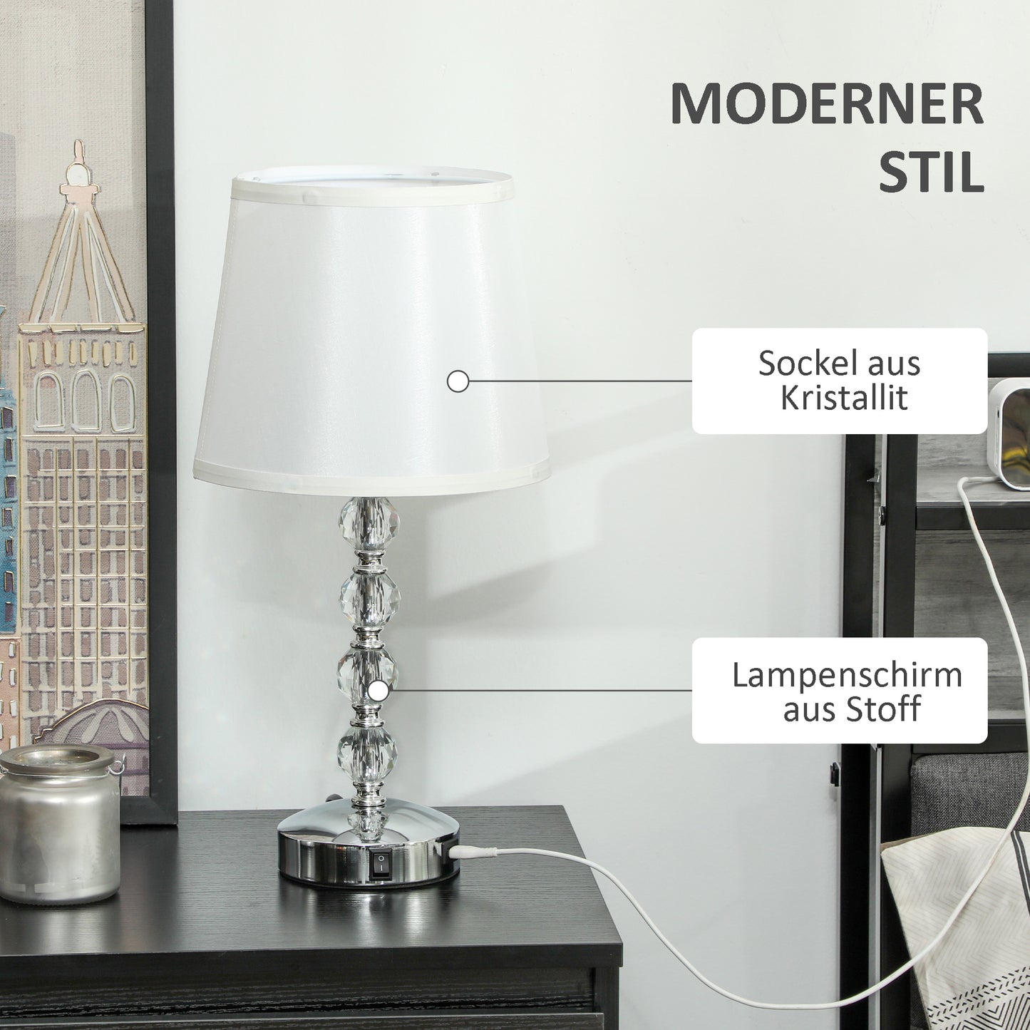 HOMCOM Kristall-Tischleuchte, Touch-Schalter, USB-Ladeanschluss, Ø23x45 cm, Silber