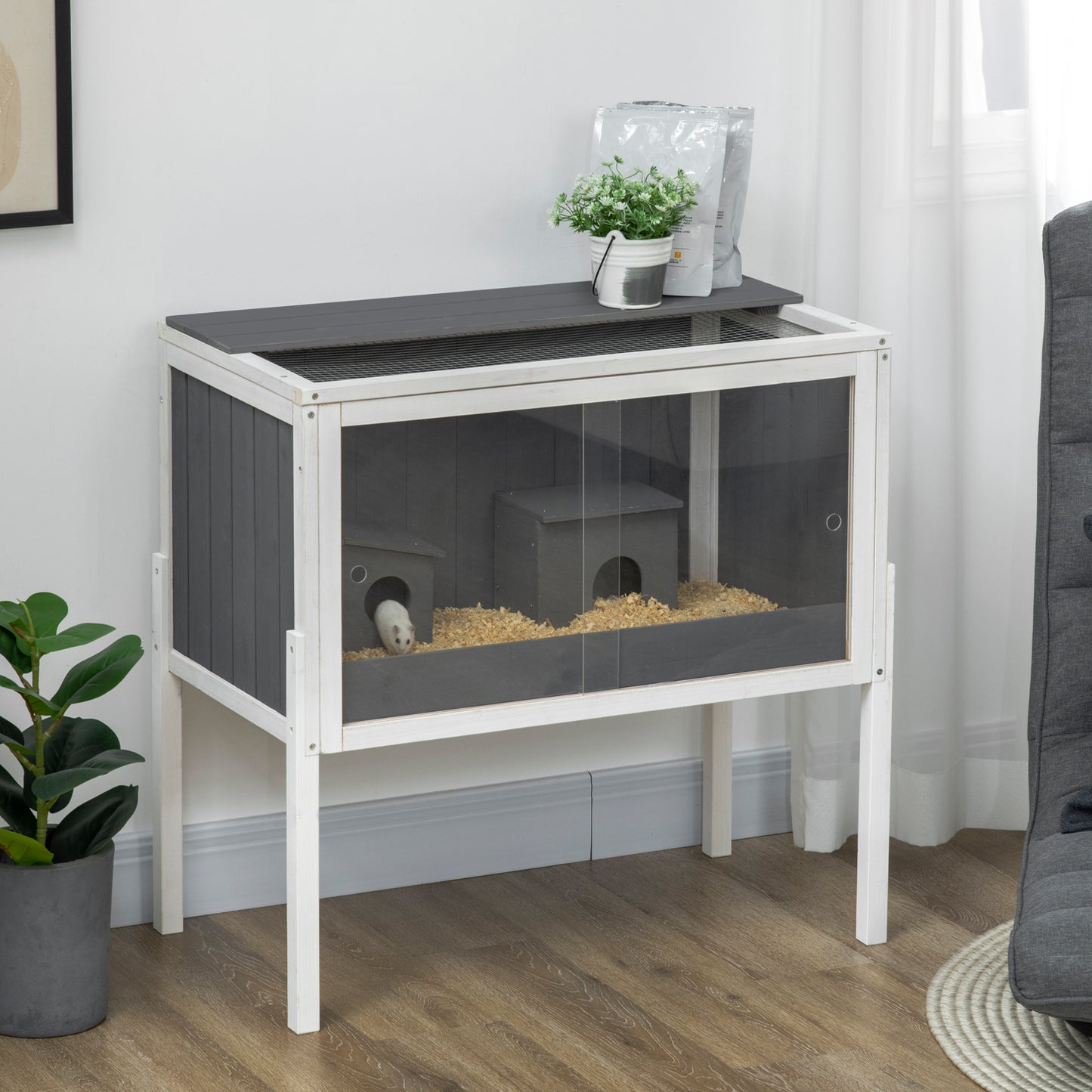 PawHut Hamsterkäfig, 3000 cm² Zwerghamsterkäfig aus Holz und Metall, mit 2 Hütten, Acrylschiebetüren, stabil, sicher, Grau+Weiß