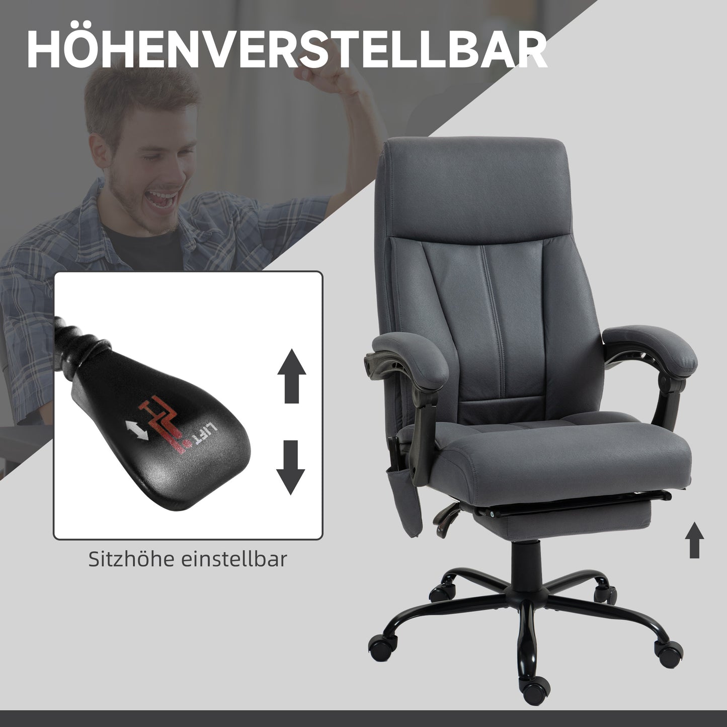 Vinsetto Bürostuhl mit Massagefunktion & Heizfunktion, Fußstütze, bis 120 kg, Dunkelgrau