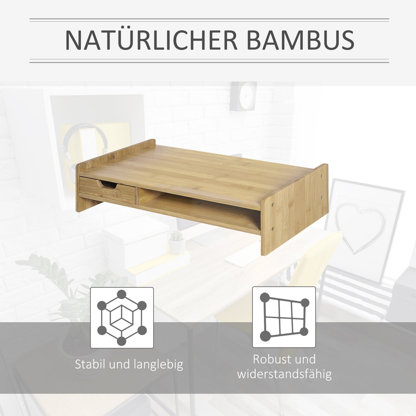 HOMCOM Monitorständer mit Schublade Bildschirmerhöhung Monitor Ständer Bildschirmständer für PC Notebook Drucker 49 x 25,5 x 11,5 cm Natur