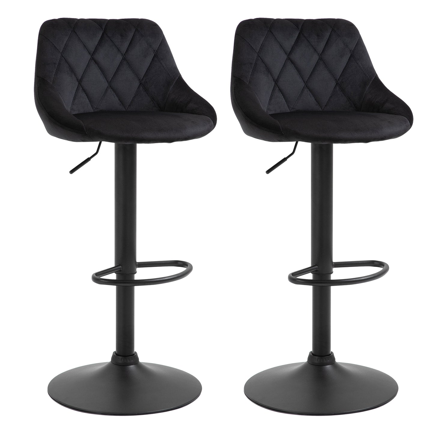 HOMCOM Barhocker 2er Set, Gepolstert Barstuhl mit Stahlgestell, Lehne, Samtoptik, Höhenverstellbar Küchenstühle mit Fußstütze 360° Drehbar Tresenhocker für Küche, Wohnzimmer, Esszimmer Schwarz