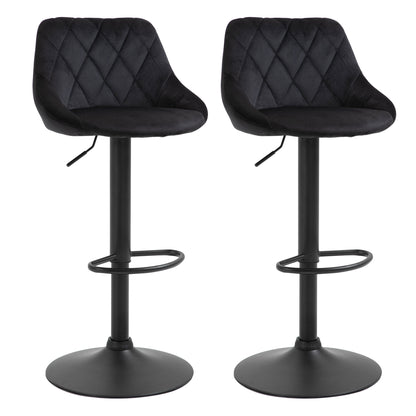 HOMCOM Barhocker 2er Set, Gepolstert Barstuhl mit Stahlgestell, Lehne, Samtoptik, Höhenverstellbar Küchenstühle mit Fußstütze 360° Drehbar Tresenhocker für Küche, Wohnzimmer, Esszimmer Schwarz