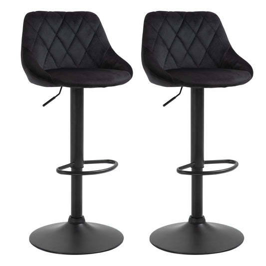 HOMCOM Barhocker 2er Set, Gepolstert Barstuhl mit Stahlgestell, Lehne, Samtoptik, Höhenverstellbar Küchenstühle mit Fußstütze 360° Drehbar Tresenhocker für Küche, Wohnzimmer, Esszimmer Schwarz