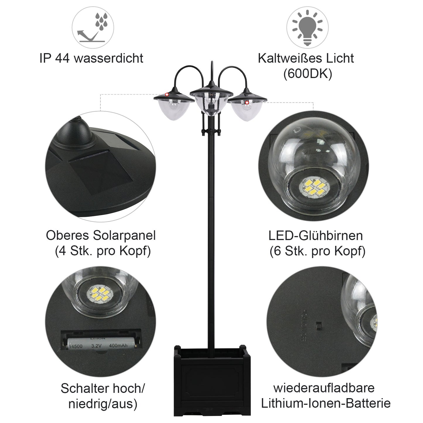 Outsunny Solar Laterne Stehleuchte aus Metall, Gartenlaterne mit Lichtsteuerung, 189 cm hoch, Windlicht Außenleuchte, Wasserdicht IP44 mit Blumentopf-Basis für Garten Balkon Deko Schwarz