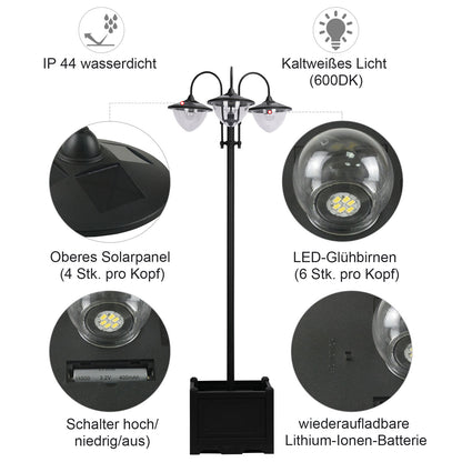 Outsunny Solar Laterne Stehleuchte aus Metall, Gartenlaterne mit Lichtsteuerung, 189 cm hoch, Windlicht Außenleuchte, Wasserdicht IP44 mit Blumentopf-Basis für Garten Balkon Deko Schwarz