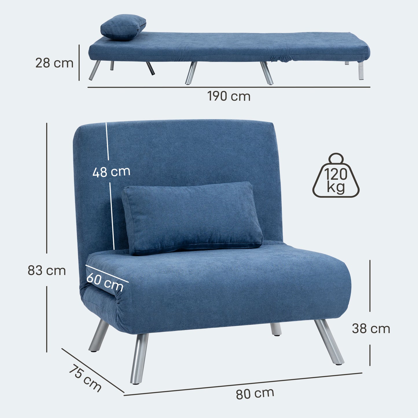 HOMCOM Polstersessel mit Bettfunktion، 3-in-1 Design، Schlafsessel، Gästebett، Stoffbezug، mit Kissen، Blau