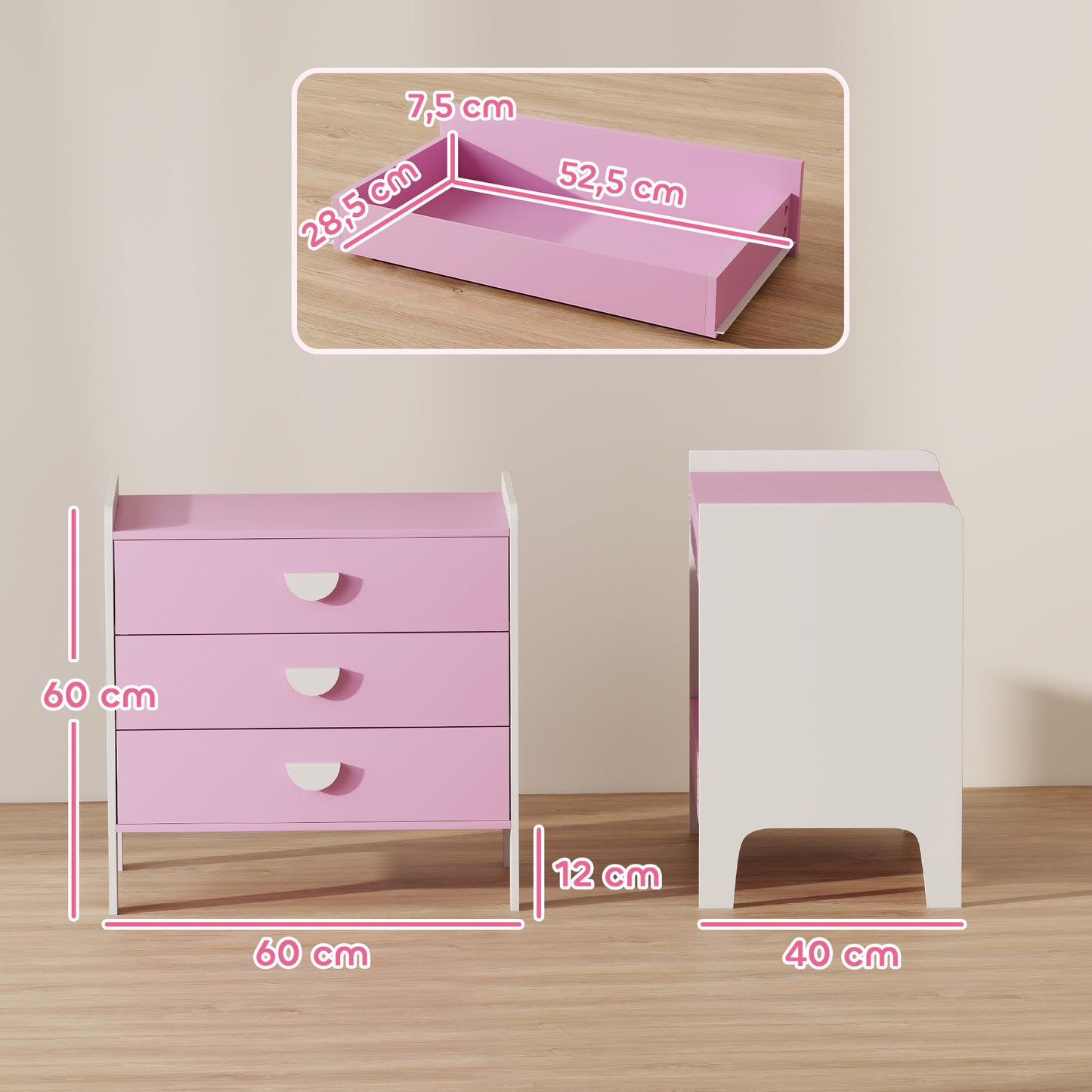 AIYAPLAY Kinder-Kommode mit 3 Schubladen, MDF, Aufbewahrungsschrank für Kinder, Rosa+Weiß