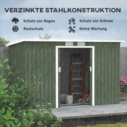 Outsunny Metall Gerätehaus 6,3m³ 280x130x172cm Geräteschuppen mit Pultdach Schiebetür wetterfest Gartenhaus Outdoor Garten Schuppen Schrank für Hinterhof Außenbereich Anthrazit, Hellgrün