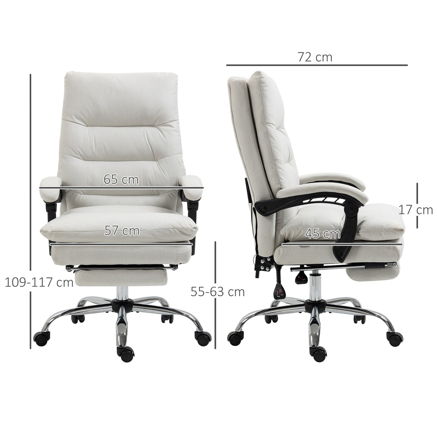Vinsetto Bürostuhl mit Massagefunktion, beheizbar, neigbar, Kunstleder, 65x72x109-117cm, Cremeweiß