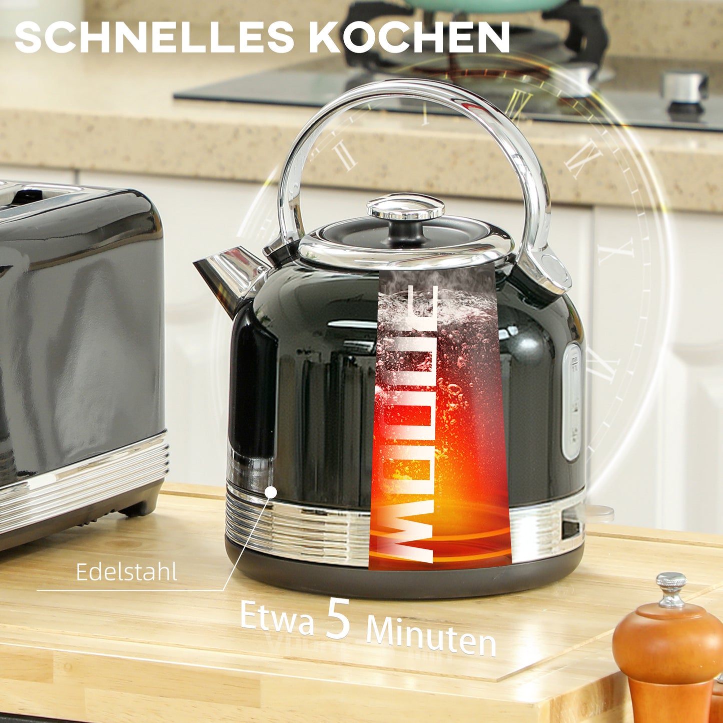 HOMCOM Wasserkocher- und Toaster-Set, 7 Bräunungsstufen, 1,7 L, Kunststoff, Edelstahl, Schwarz
