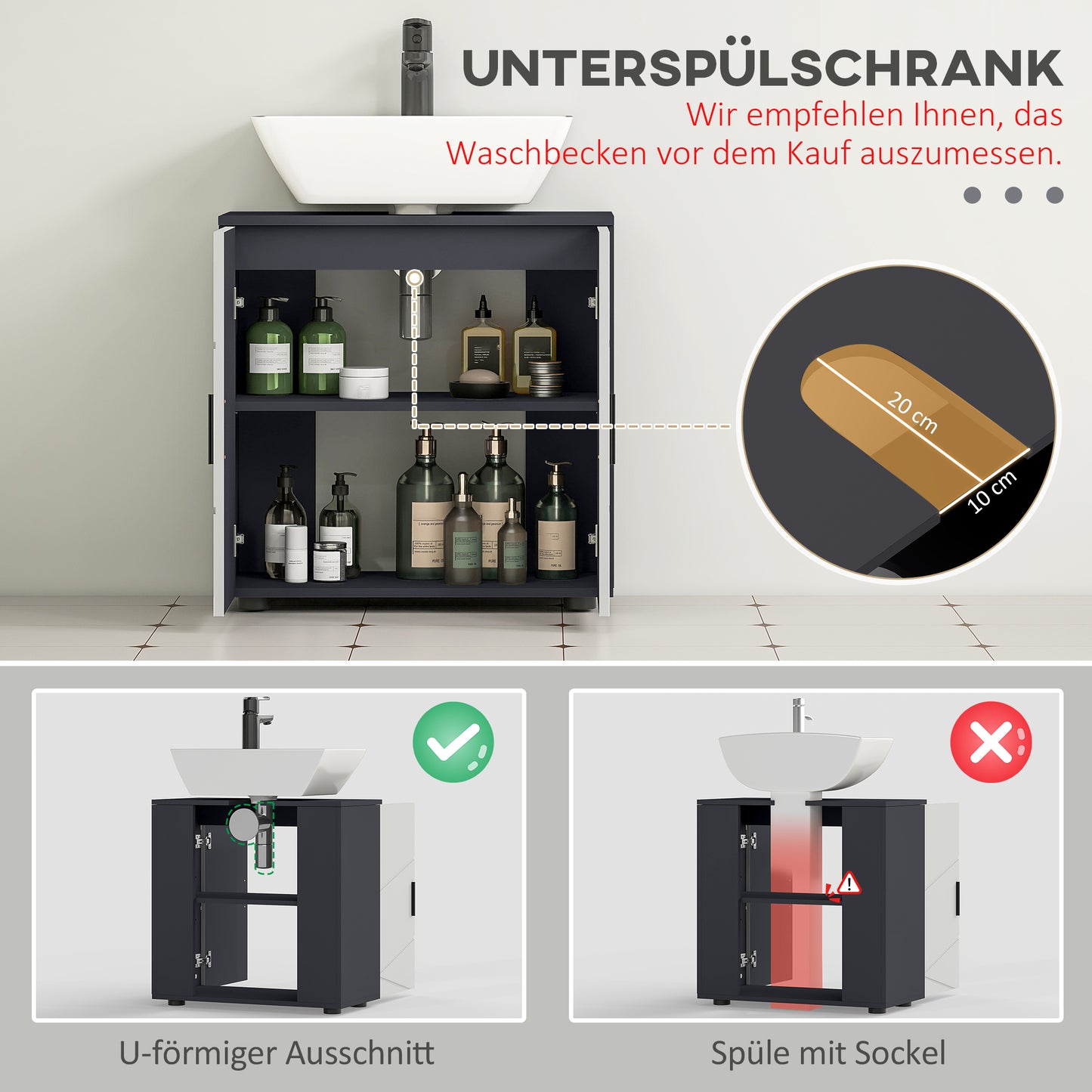 kleankin Badezimmerschrank, Badkommode, Waschbecken-Unterschrank, 2 Ebenen, Holz, Hellgrau