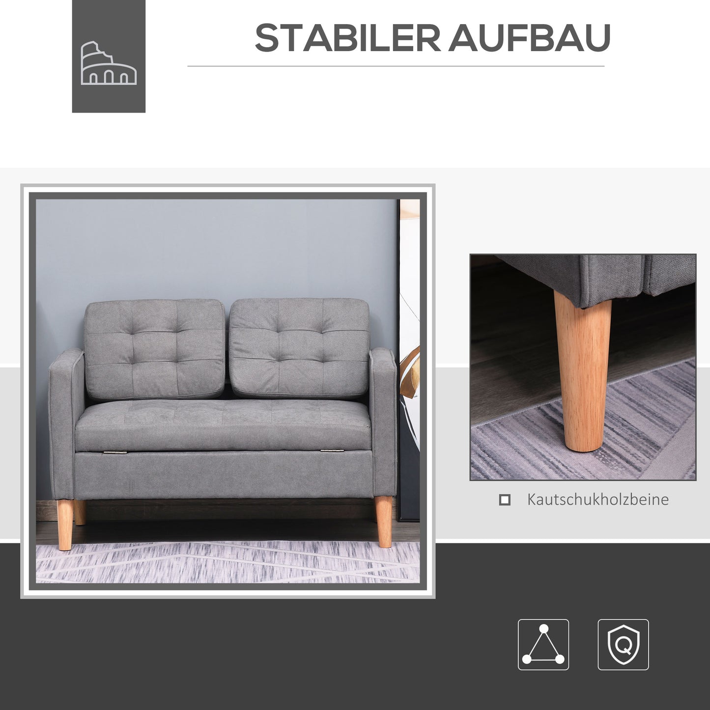 HOMCOM 2 Sitzer Sofa, Couch mit Stauraum, Holzbeine, Gepolsterter Polstersofa mit Samtoptik für Wohnzimmer, Schlafzimmer, 117x 62 x 78 cm, Grau
