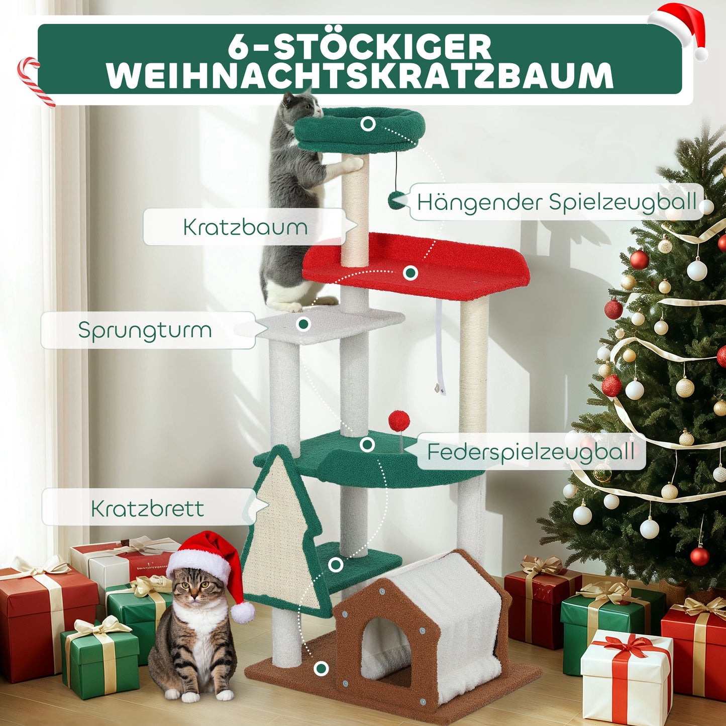 PawHut 135 cm Katzenkratzbaum in Weihnachtsfarben mit Katzenbett, Katzenhaus, Kratzpfosten, Sprungplattformen, Spielzeugbällen
