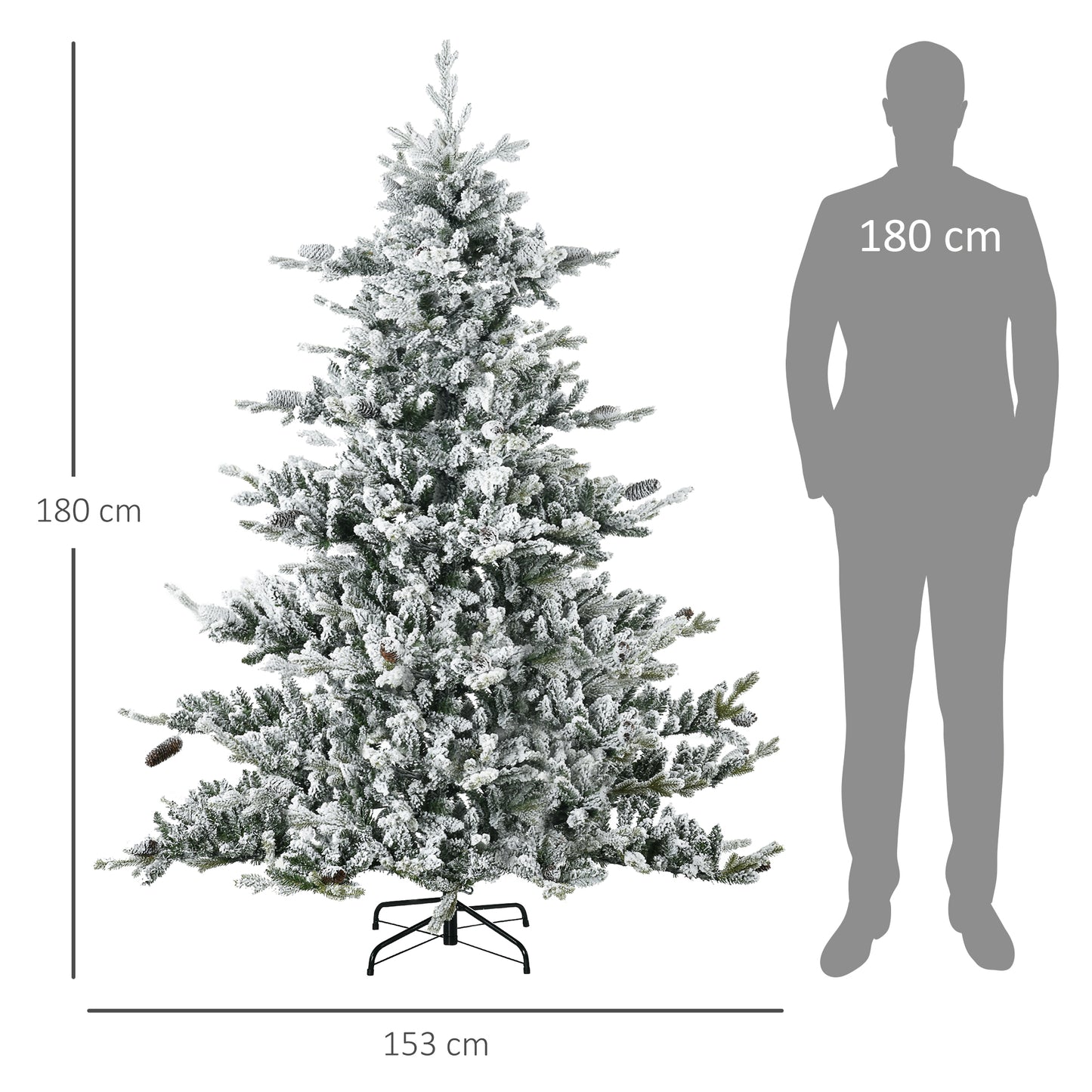 HOMCOM Weihnachtsbaum, Kunsttanne, 1,80m groß, üppige Form, realistisches Aussehen, schneebedeckte Zweige, Tannenzapfen