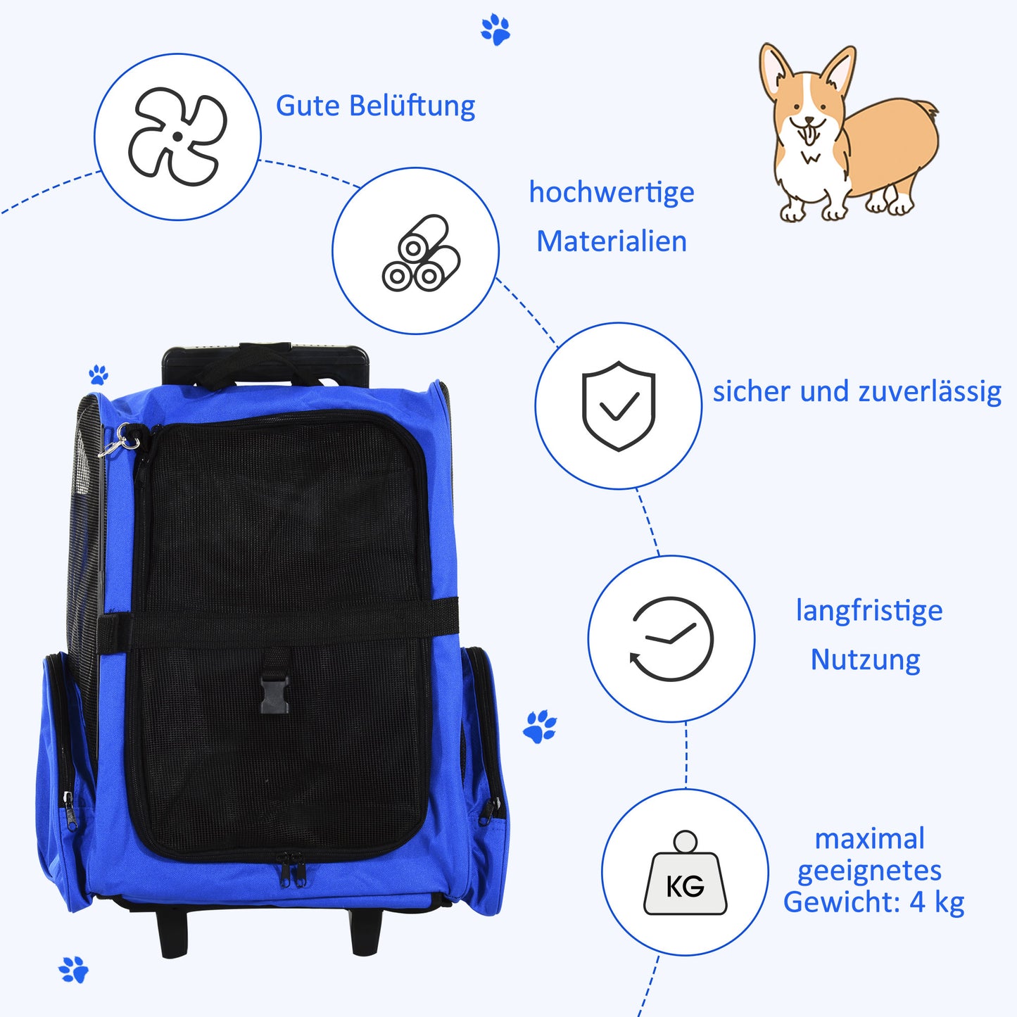 Pawhut Hundetransporttasche, Haustierrucksack, 2-in-1-Design, ausziehbarer Griff, Seitentaschen, Blau, 42 x 25 x 55cm