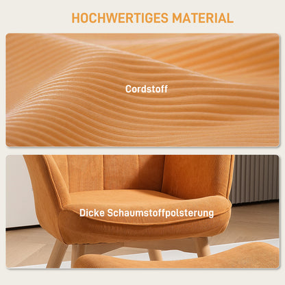 HOMCOM Akzentsessel mit Hocker, Relaxsessel in Cord-Optik, Armlehnstuhl mit Holzbeinen, für Wohnzimmer, Braun