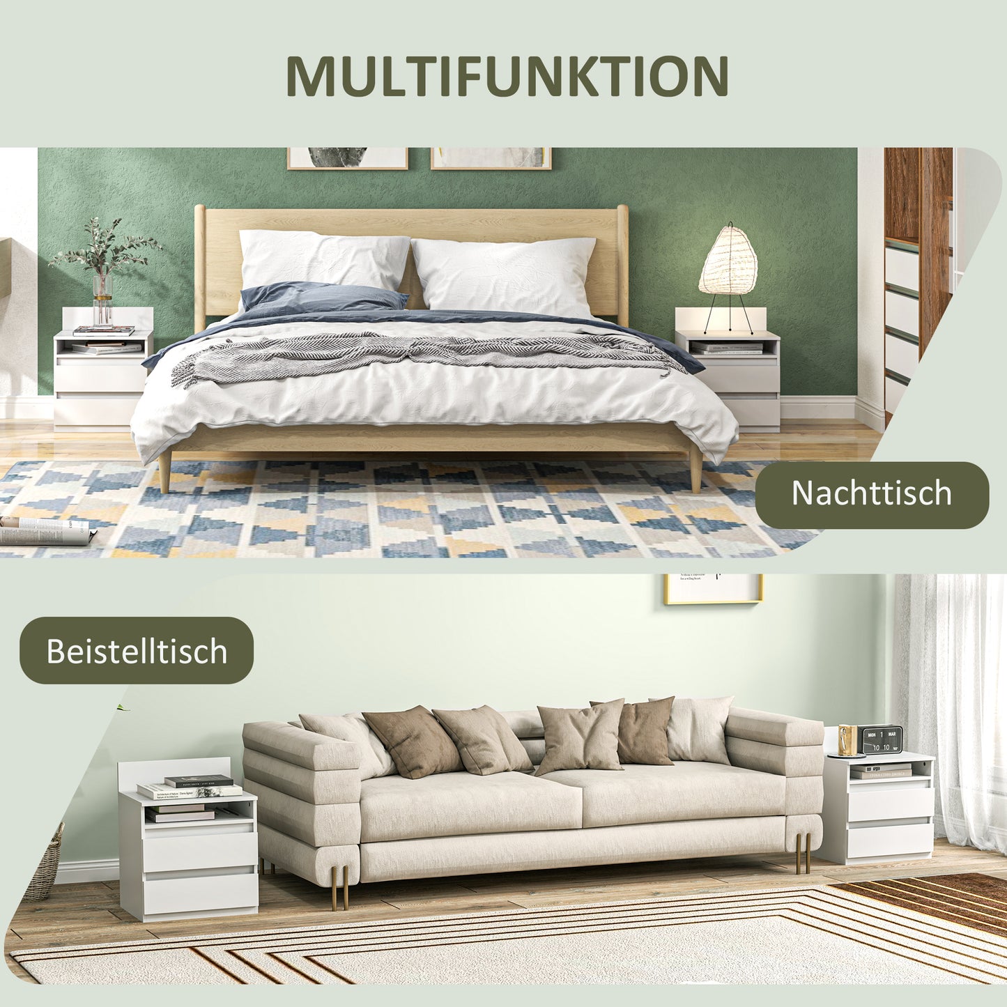 HOMCOM Nachttisch im 2er-Set mit Schubladen und Ablage, moderner Beistelltisch, für Schlafzimmer, Weiß