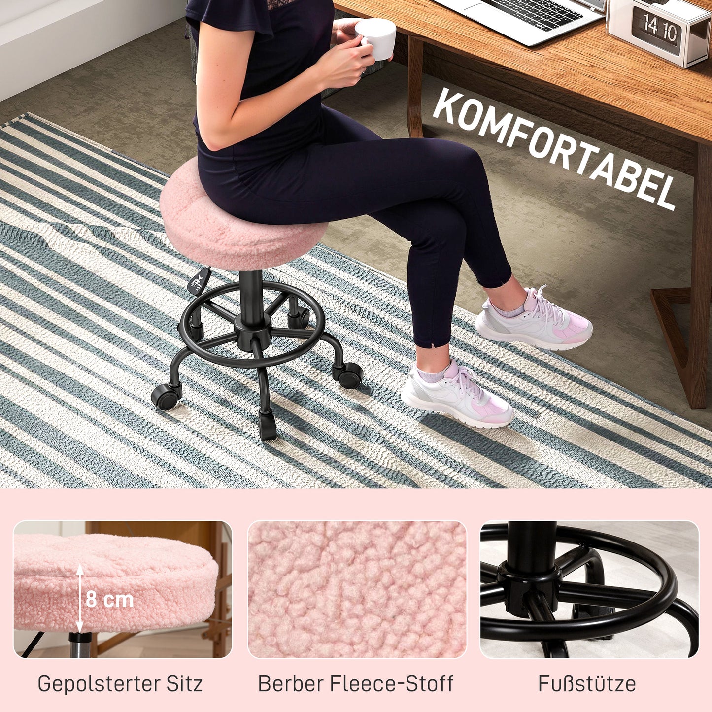HOMCOM Rollhocker höhenverstellbar Drehhocker 55-66 cm Arbeitshocker 360° drehbar Ø50 x 50-66 cm Rosa