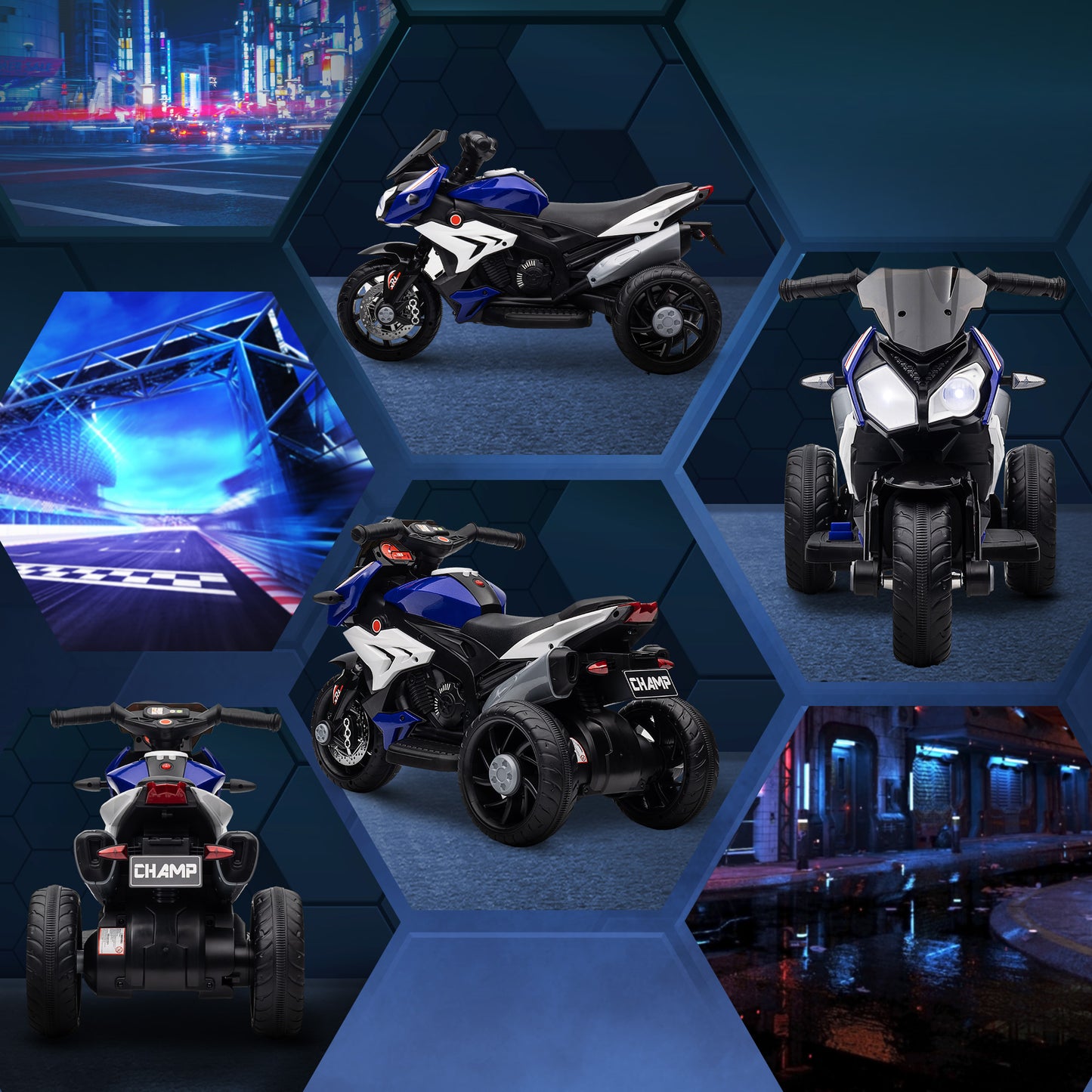 HOMCOM Elektro-Kindermotorrad, Lichter & Geräusche, 3 km/h, wiederaufladbar, Kunststoff & Metall, Blau/Weiß