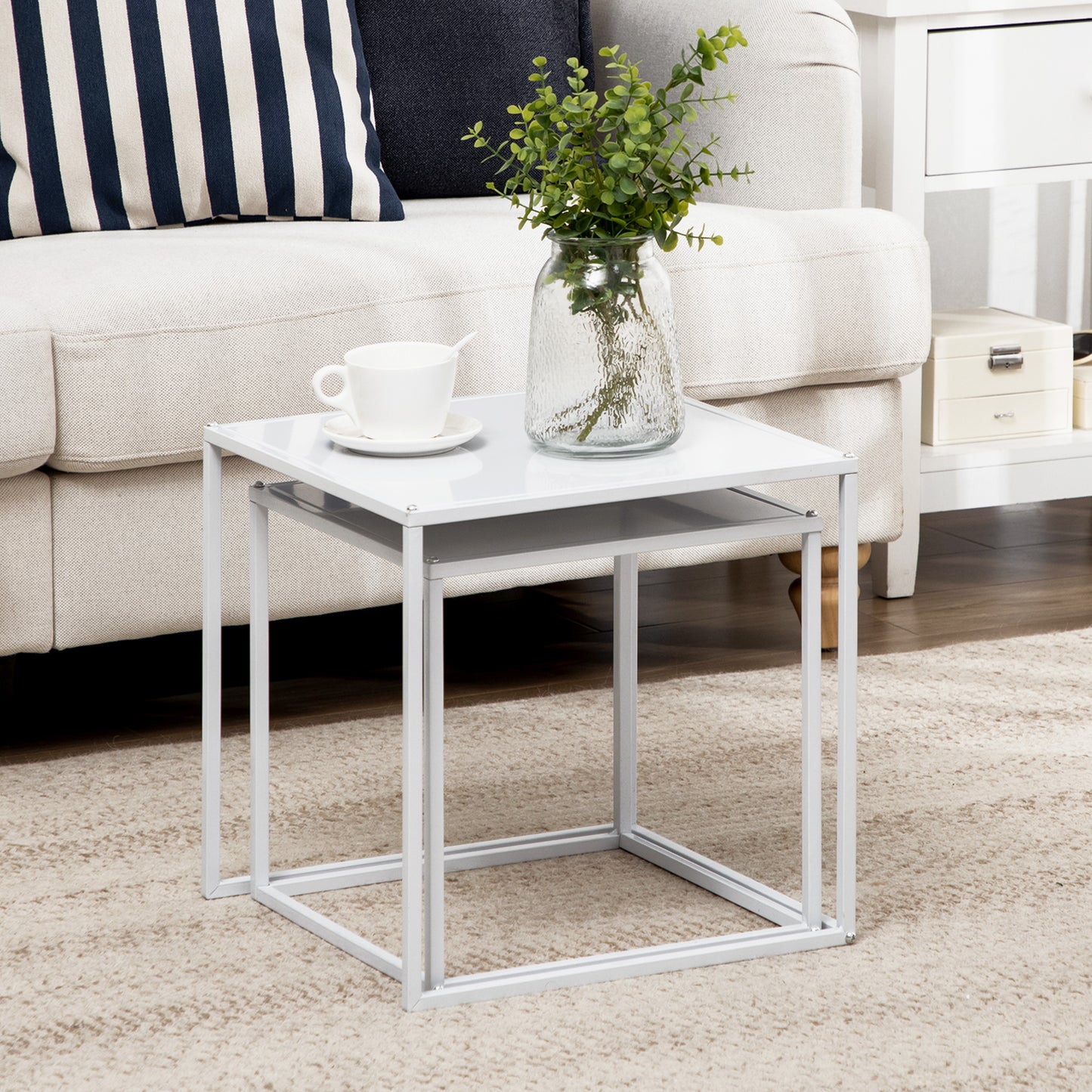 HOMCOM Beistelltisch-Set, moderne Satztische, platzsparend, stabiler Stahlrahmen, Weiß