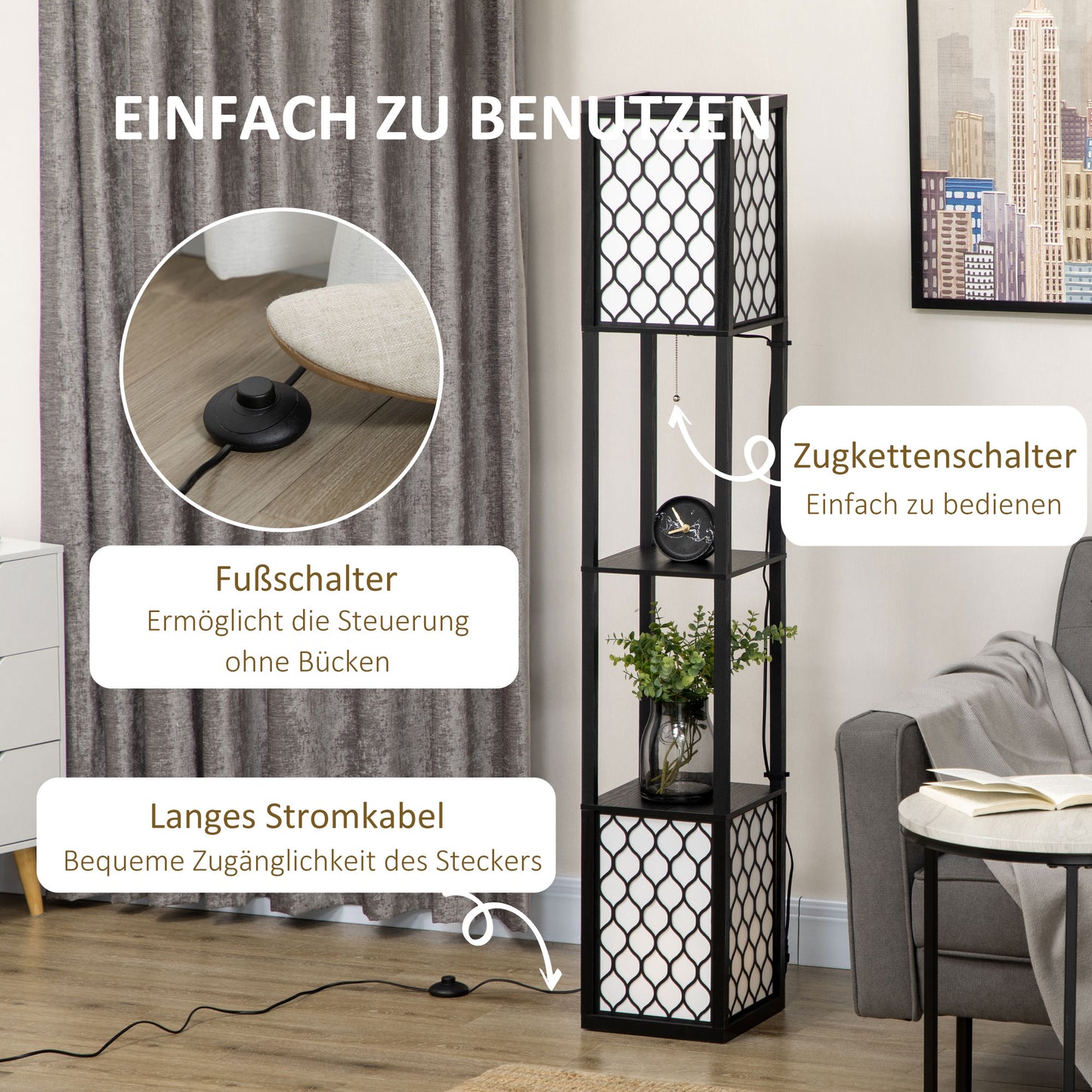HOMCOM Stehleuchte im modernen Design, 2 Ablagen, Ziehkettenschalter, 26 cm x 26 cm x 156 cm, Schwarz + Weiß