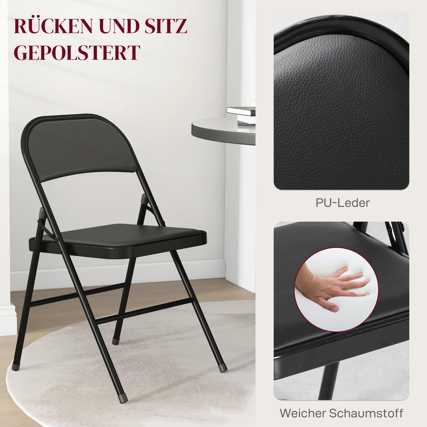 HOMCOM 4er-Set Klappstühle, Tragbare Bürostühle, Metallbeine, Faltstuhl für Büro, Empfang, Wartezimmer, Kunstleder, Schwarz