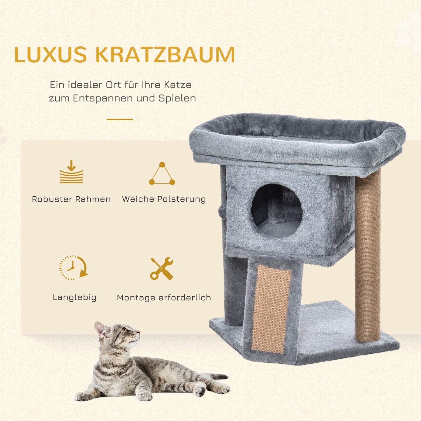 PawHut Kratzbaum 57 سم Kleiner Katzenbaum mit Katzenhöhle، Liegeplattform، Katzenkratzbaum mit Kratzbrett، Spielball، Katzenmöbel für Katzen bis 5 كجم Hellgrau