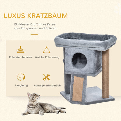 PawHut Kratzbaum 57 سم Kleiner Katzenbaum mit Katzenhöhle، Liegeplattform، Katzenkratzbaum mit Kratzbrett، Spielball، Katzenmöbel für Katzen bis 5 كجم Hellgrau