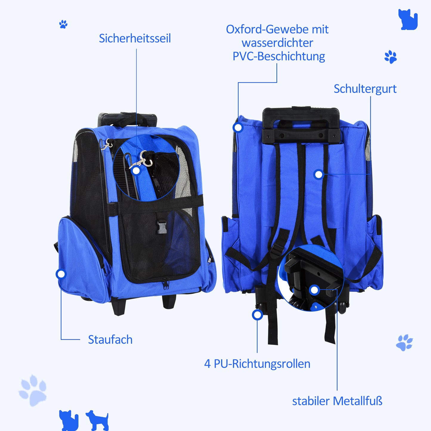 Pawhut Hundetransporttasche, Haustierrucksack, 2-in-1-Design, ausziehbarer Griff, Seitentaschen, Blau, 42 x 25 x 55cm
