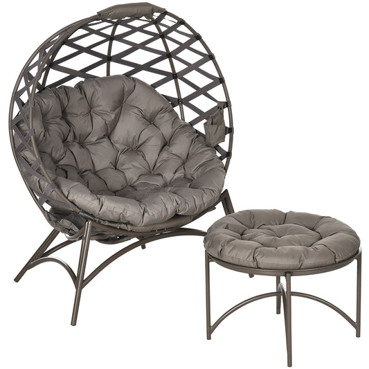 Outsunny Gartenstuhl-Set, 2-tlg., Hocker/Beistelltisch, gr. Sitzkissen, Stahlrahmen, Farbe: Sand, 118 x 75 x 142 cm