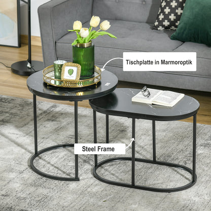 HOMCOM 2er-Set Couchtisch، Ovaler und runder Kaffeetisch، Stapelbar، Marmoroptik، MDF، Metall، Ø50 x 50,5H cm، Schwarz