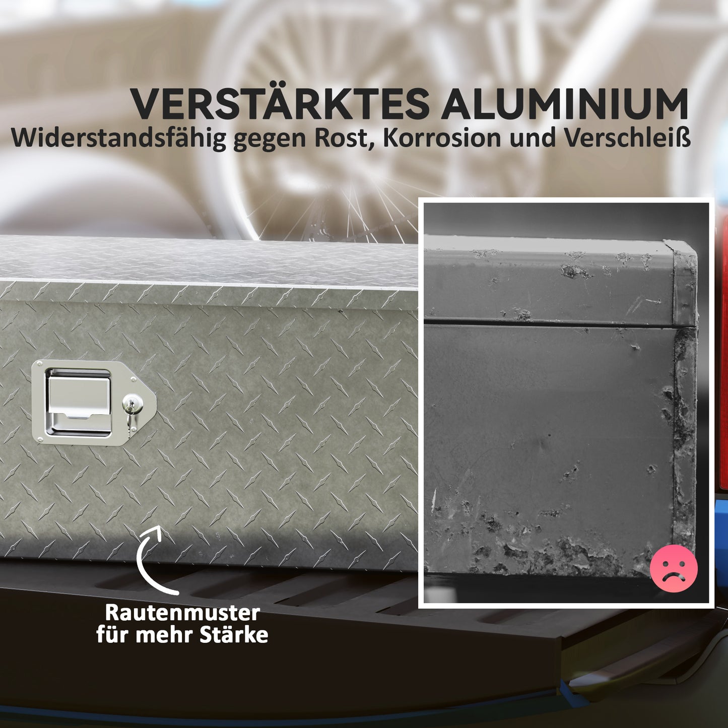 HOMCOM Stabile Aufbewahrungskiste aus Aluminium mit Seitengriffen, Schloss und Schlüsseln, Werkzeugkasten, 99 x 33 x 25,5 cm