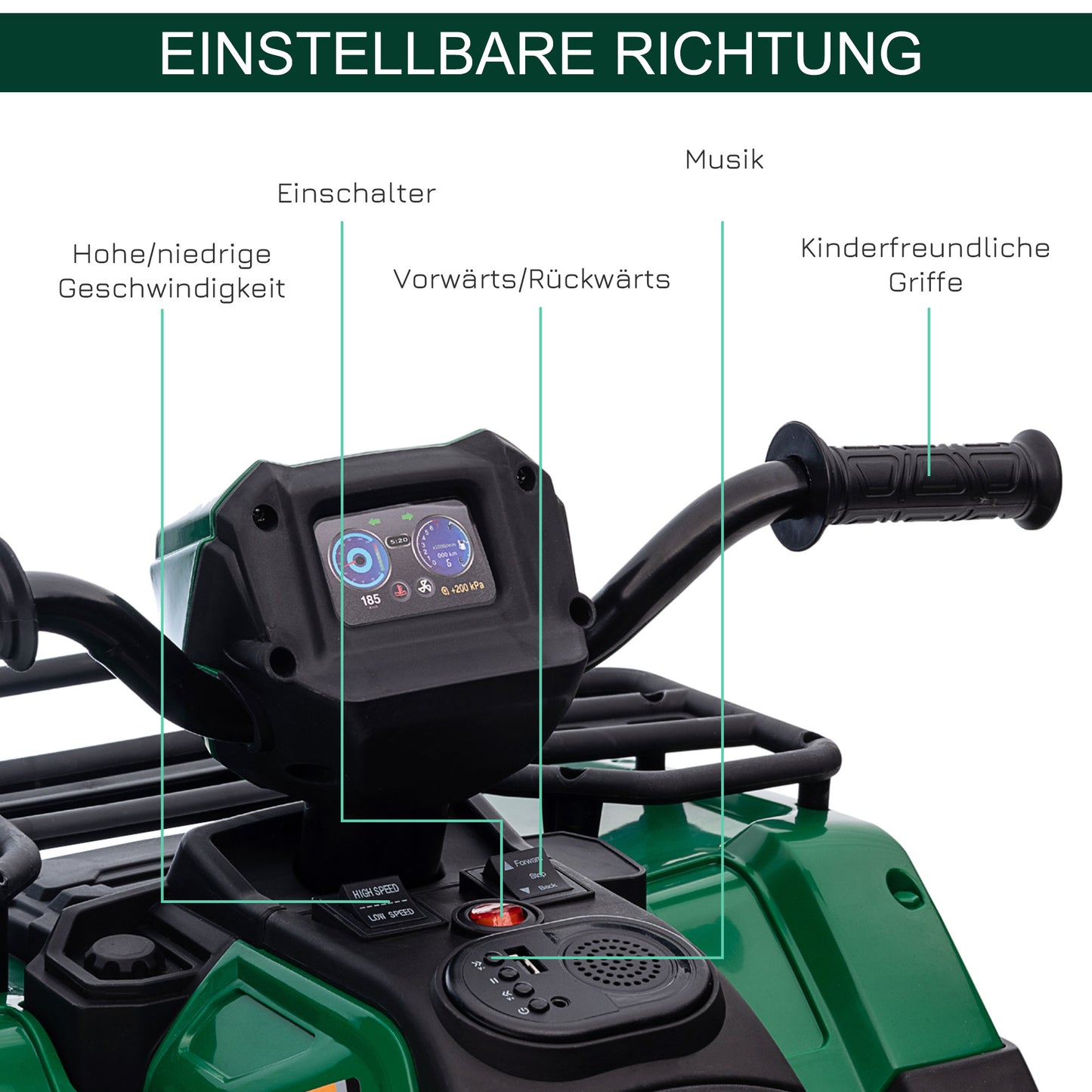 HOMCOM Kinder-Elektroquad, max. 4 km/h, ab 3 Jahren, LED-Scheinwerfer, Musikanschluss, schwarz+grün 88 x 45 x 50 cm