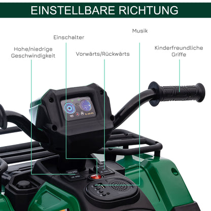 HOMCOM Kinder-Elektroquad, max. 4 km/h, ab 3 Jahren, LED-Scheinwerfer, Musikanschluss, schwarz+grün 88 x 45 x 50 cm