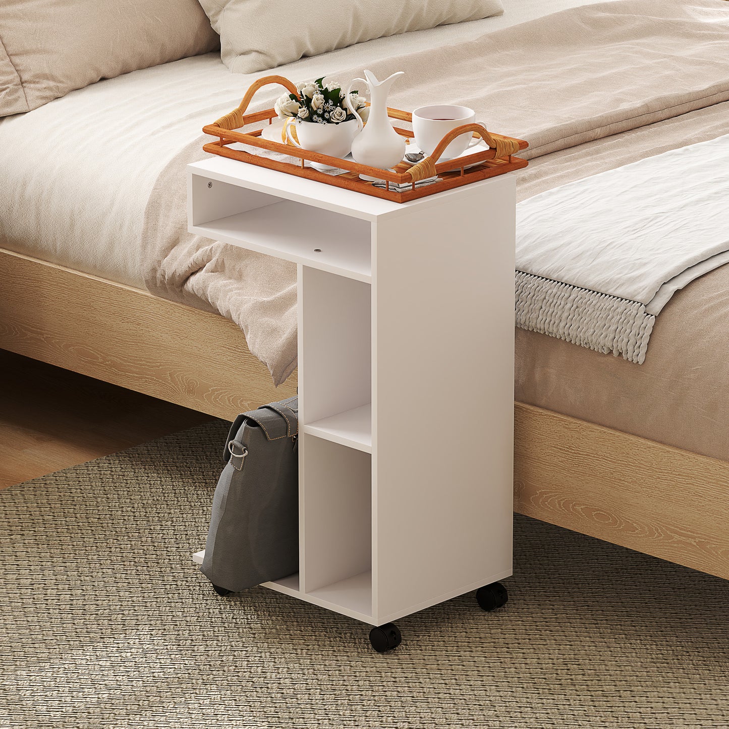 HOMCOM Beistelltisch, C-förmiger Servierwagen, 4 Rollen, 3 Fächer, 40 x 30 x 69 cm, Weiß
