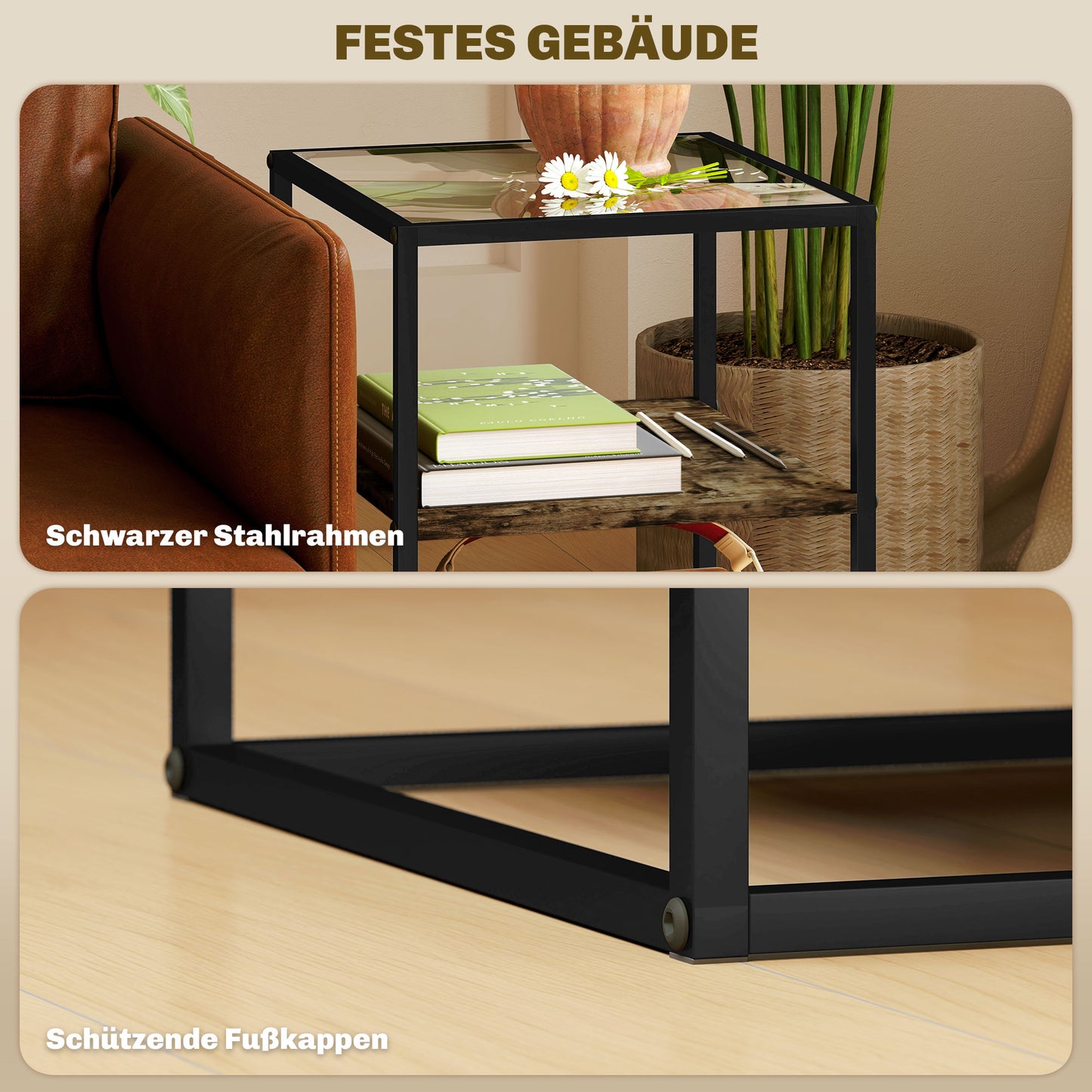 HOMCOM 2er-Set Beistelltische mit Glasplatte, 3-stufiges Design, Metallrahmen, für Wohnzimmer, Schlafzimmer, Braun