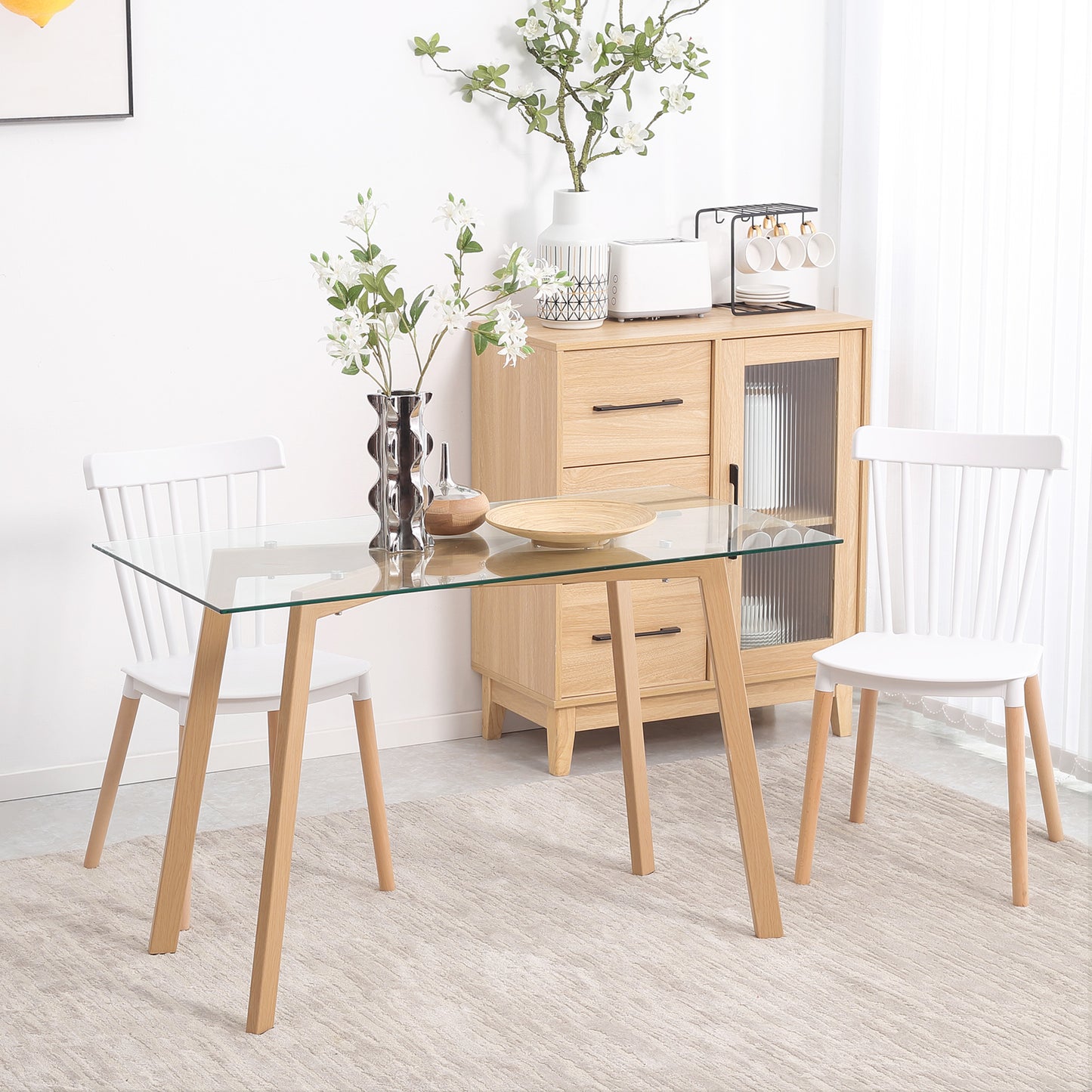 HOMCOM Esstisch für 4 Personen, Glasplatte, Stahlgestell, Holzoptik, 120L x 60B x 76H cm