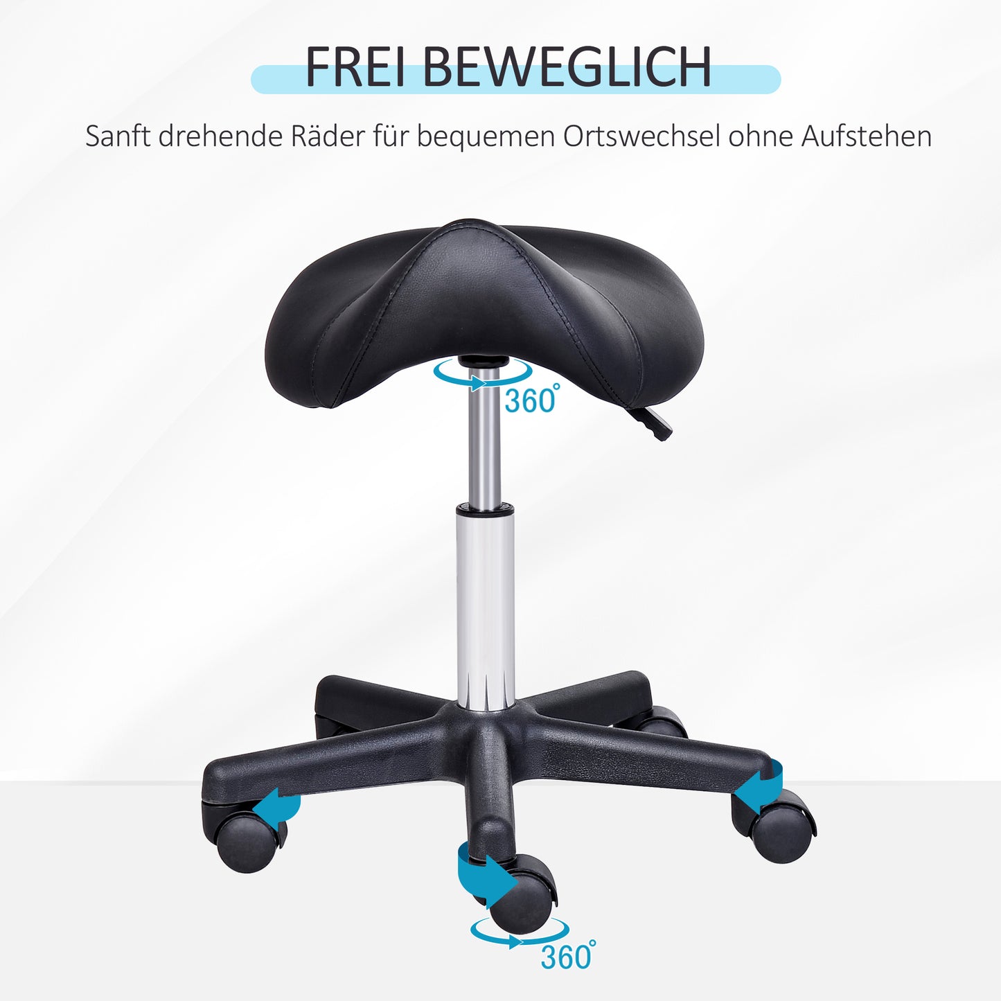 HOMCOM Rollhocker, sattelförmiger Sitz, höhenverstellbar, um 360° drehbar, Kunstleder, schwarz, 35 x 38 x 45-55 cm