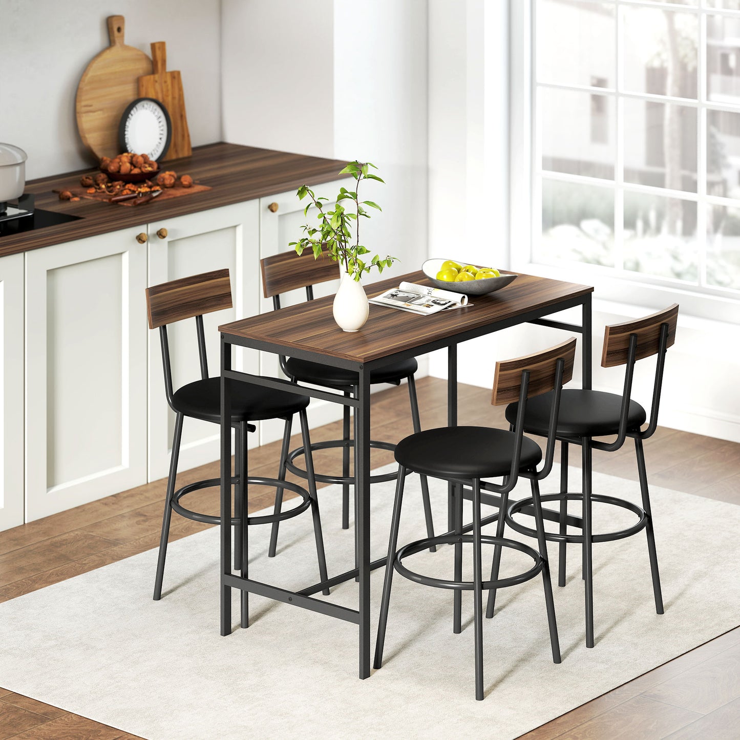 HOMCOM 5-teiliges Bartisch-Set mit 4 Stühlen, Industrielles Design, für Küche, Esszimmer, Holz, Stahl, Braun