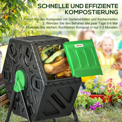 Outsunny Kompostbehälter, 65 Liter Komposter, drehbar, kompakt, 24 Belüftungslöcher, Stahl, Kunststoff, Grün+Schwarz