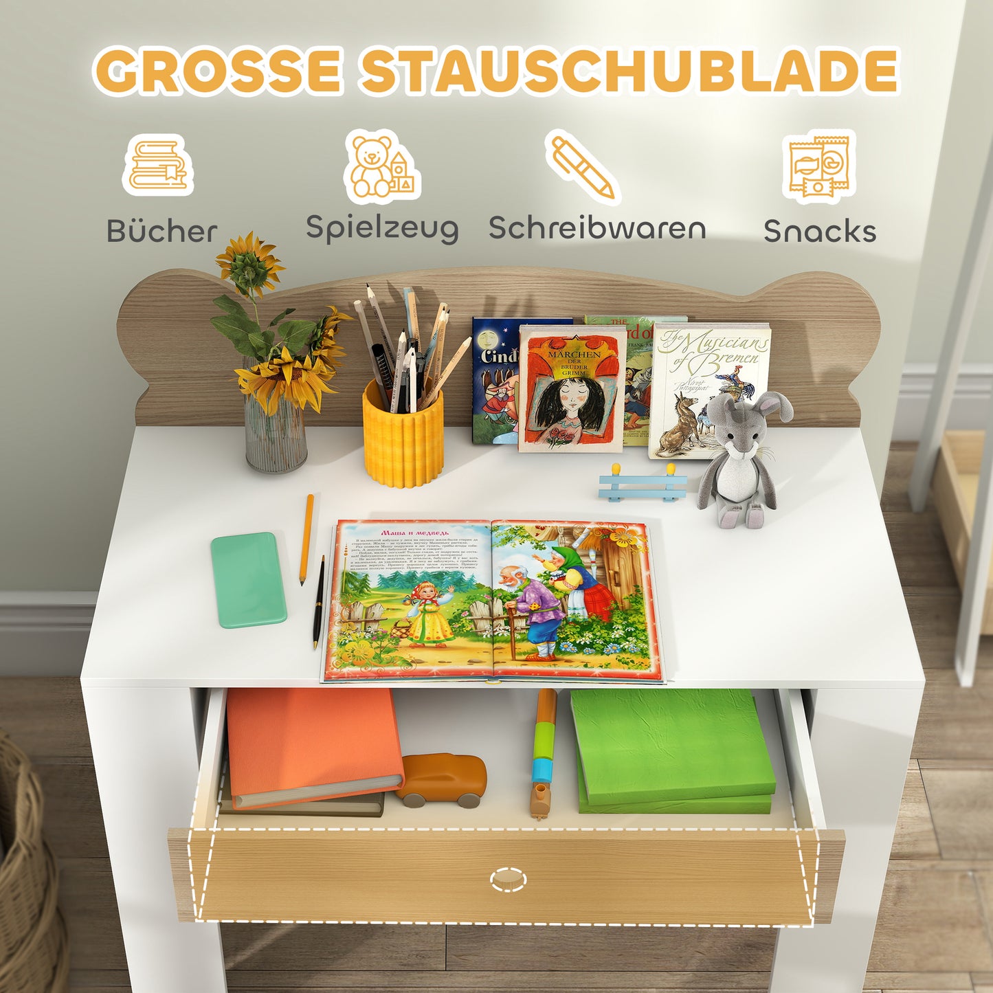 AIYAPLAY Schreibtisch-Set für Kinder, Arbeitstisch und Stuhl mit Bärenform, Schublade, zum Schreiben und Basteln, 3-8 Jahre, Naturholz