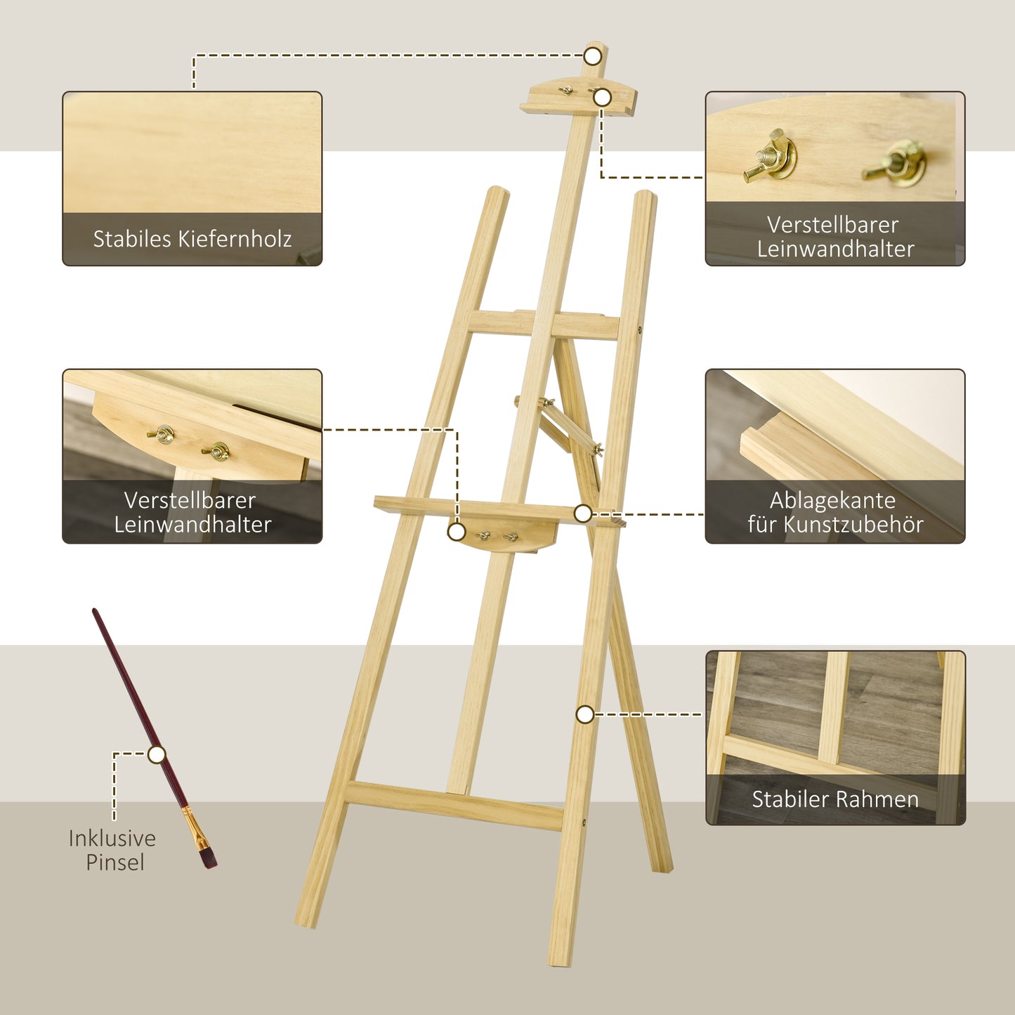 HOMCOM Staffelei Holz 134,5 cm hoch Holzstaffelei für Leinwände bis 108 cm Feldstaffelei Atelierstaffelei für Malerei, Skizze, Hochzeit, Ausstellung Natur