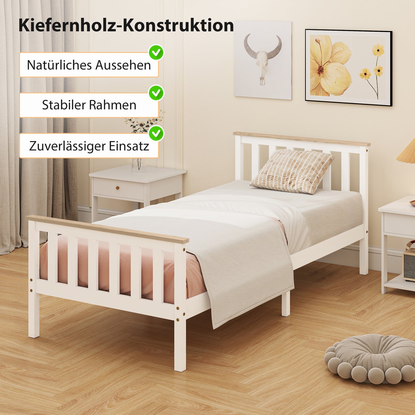 HOMCOM Einzelbettrahmen, Bettrahmen aus Holz, unterer Stauraum, Naturholz, Weiß
