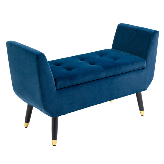 HOMCOM Sitzbank mit Stauraum Armlehnen Polsterbank mit Samtoptik, Sitztruhe mit Holzbeine, Truhenbank für Wohnzimmer Schlafzimmer Flur 107 x 42 x 65 cm, Blau