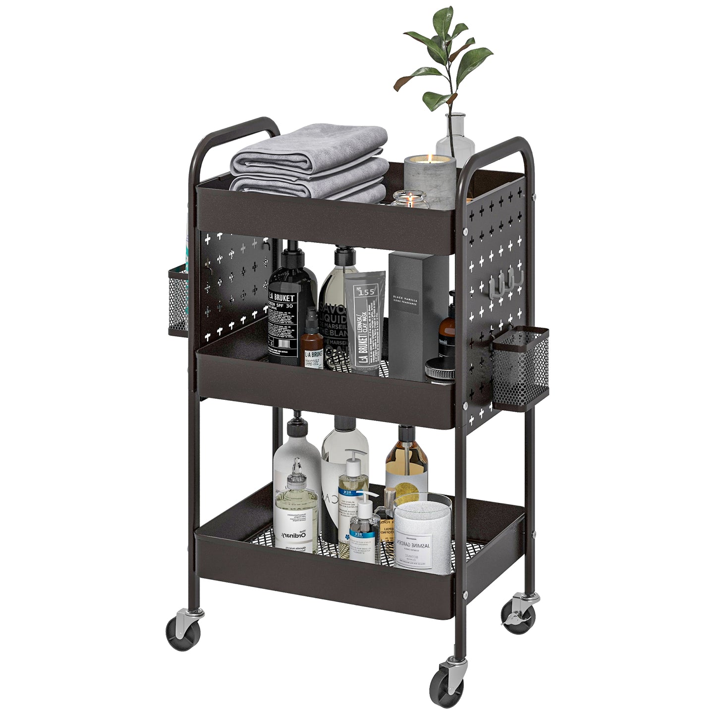 HOMCOM Mehrzweckwagen Rollwagen Küchenwagen, 3 Regale, 4 Rollen, 53,5 cm x 30,5 cm x 75 cm, Schwarz