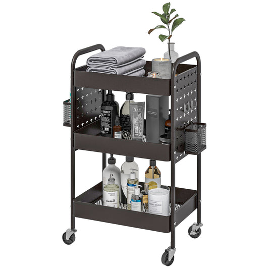 HOMCOM Mehrzweckwagen Rollwagen Küchenwagen, 3 Regale, 4 Rollen, 53,5 cm x 30,5 cm x 75 cm, Schwarz